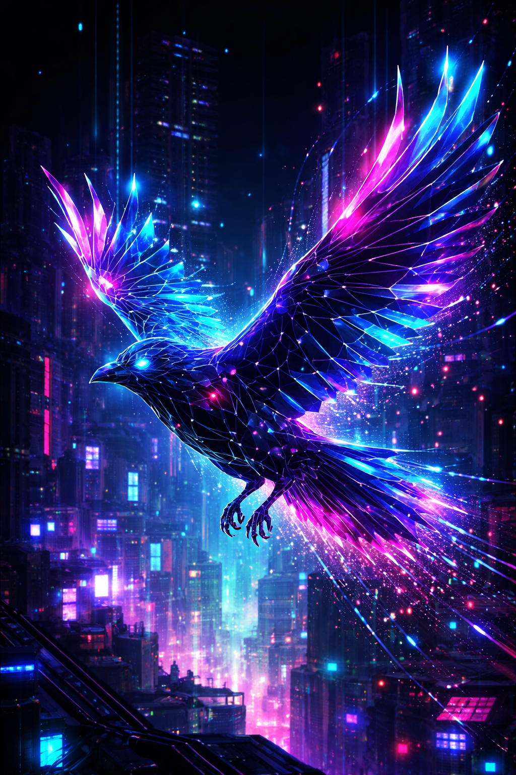 Neon cyber bird over a futuristic city